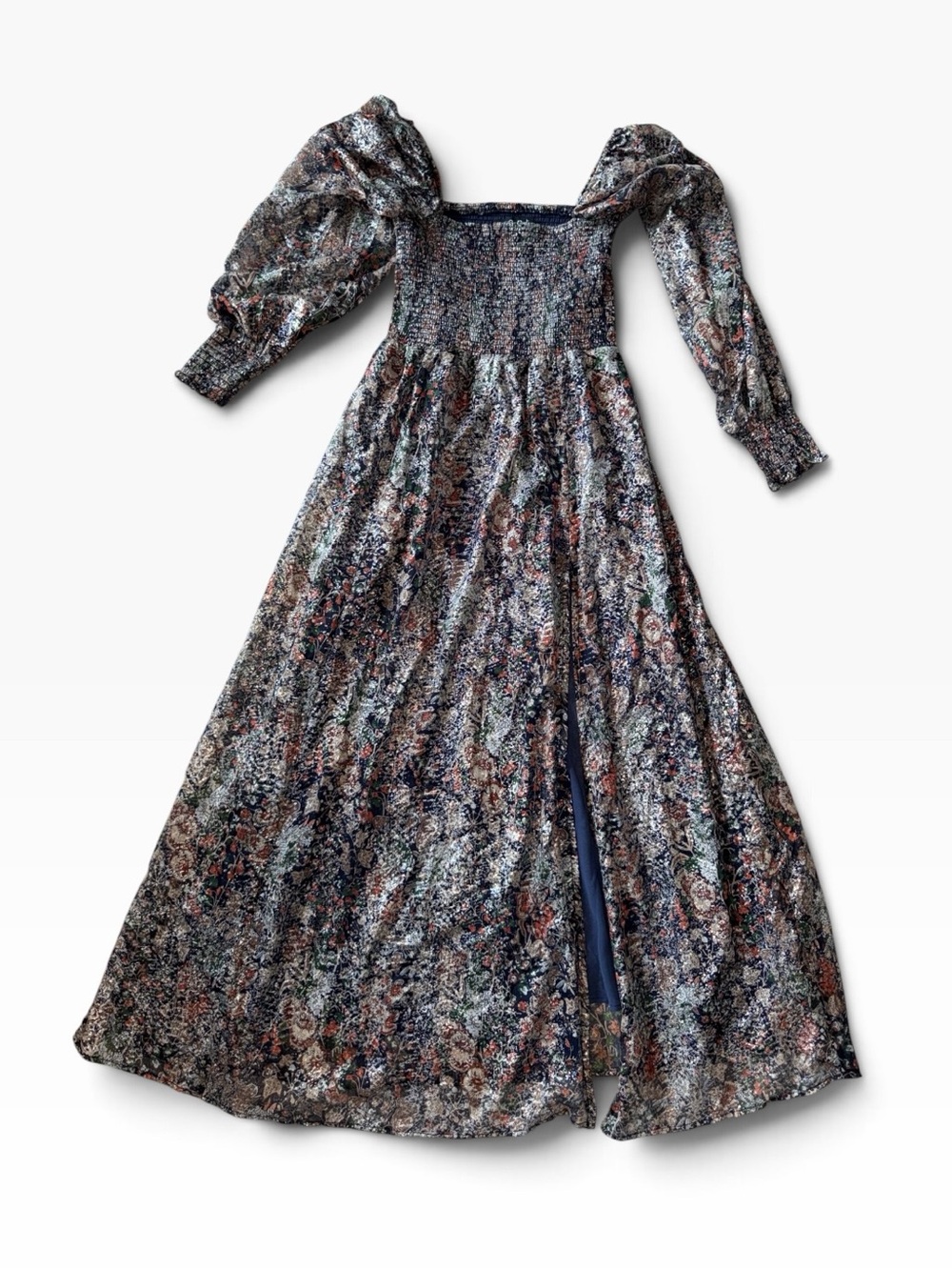 O.P.T. Metallic Floral Smocked Long Sheer Sleeve Midi Dress size Small - Picture 5 of 9